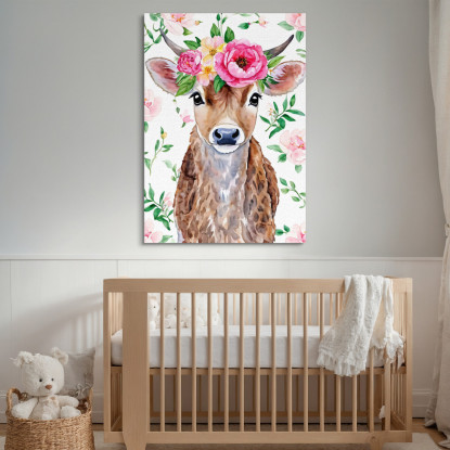 Quadro Per Nursery Decorazione Cameretta Mucca Dolce Con Corona Di Peonie bana1 quadro stampato su tela