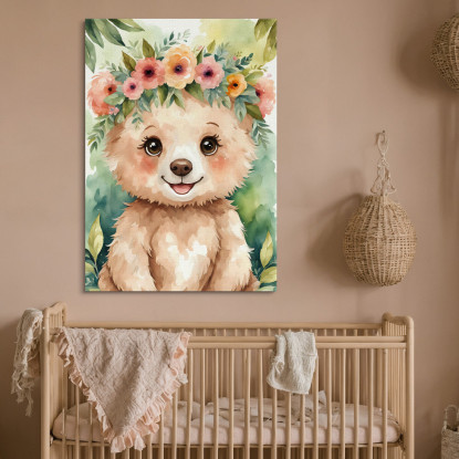 Decorazione Nursery Quadro Per Bimbo E Bimba Orsetto Con Corona Di Fiori Colorati bana2 quadro stampato su tela