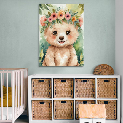 Decorazione Nursery Quadro Per Bimbo E Bimba Orsetto Con Corona Di Fiori Colorati bana2 quadro stampato su tela