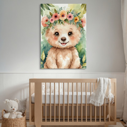 Decorazione Nursery Quadro Per Bimbo E Bimba Orsetto Con Corona Di Fiori Colorati bana2 quadro stampato su tela