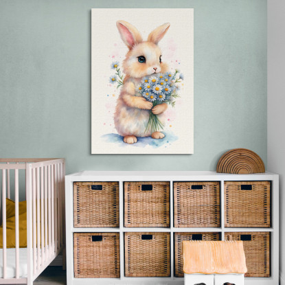 Quadro Per Cameretta Bimbo Dolce Coniglietto Con Fiori Bianchi bana7 quadro stampato su tela