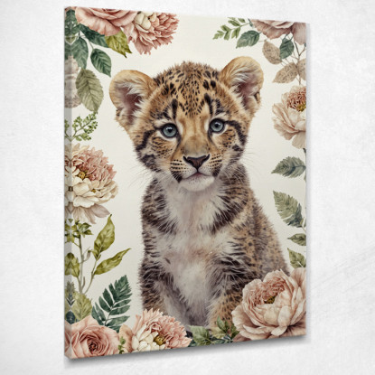 Quadro Per Nursery Decorazione Per Bambino Dolce Cucciolo Di Leopardo Con Fiori bana12 quadro stampato su tela