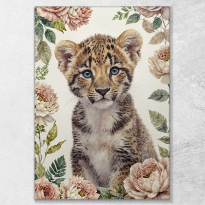 Quadro Per Nursery Decorazione Per Bambino Dolce Cucciolo Di Leopardo Con Fiori bana12 quadro stampato su tela