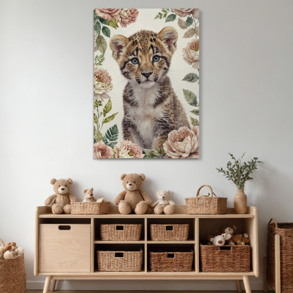 Quadro Per Nursery Decorazione Per Bambino Dolce Cucciolo Di Leopardo Con Fiori bana12 quadro stampato su tela