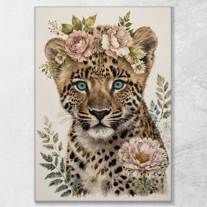 Quadro Decorativo Per Cameretta Bimbo Piccolo Leopardo Con Decorazioni Floreali bana14 quadro stampato su tela