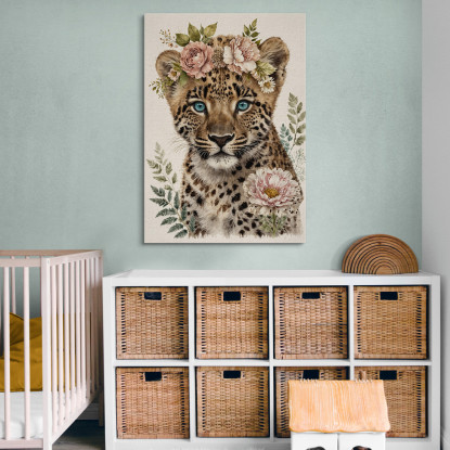 Quadro Decorativo Per Cameretta Bimbo Piccolo Leopardo Con Decorazioni Floreali bana14 quadro stampato su tela