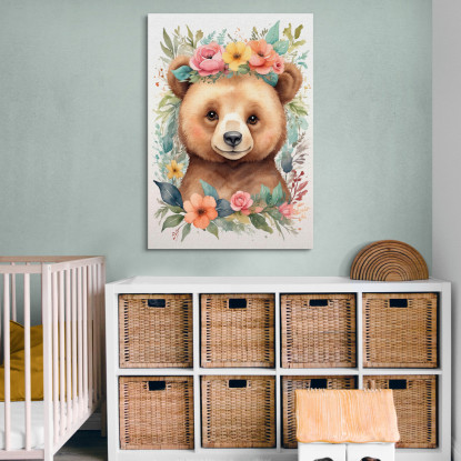 Quadro Decorativo Per Cameretta Bimba Orsetto Con Ghirlanda Di Fiori Colorati bana15 quadro stampato su tela