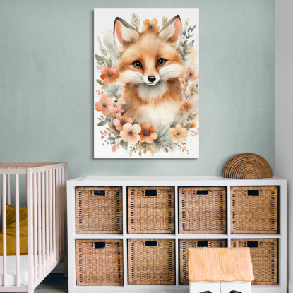 Quadro Per Bambino Decorazione Per Nursery Volpe Con Cornice Di Fiori Arancioni bana16 quadro stampato su tela