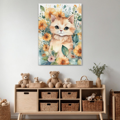 Decorazione Per Nursery Quadro Per Bimba Gattino Floreale Di Fiori Colorati bana18 quadro stampato su tela