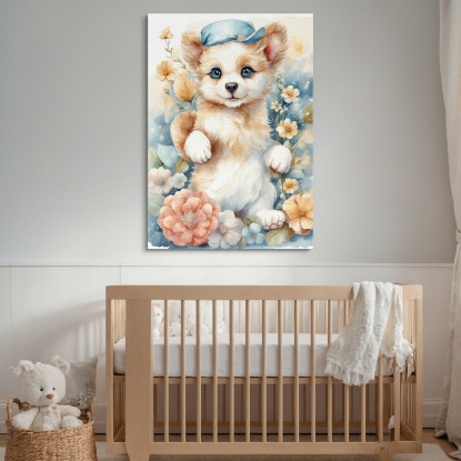 Quadro Per Nursery Decorazione Per Cameretta Cucciolo Di Cane Con Fiorellini E Cappellino bana20 quadro stampato su tela