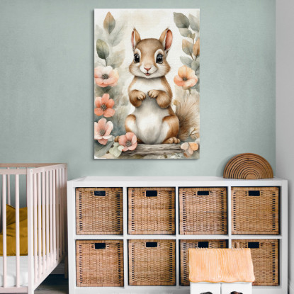 Quadro Per Bimba Decorazione Nursery Tenero Scoiattolo Con Cornice Floreale bana22 quadro stampato su tela