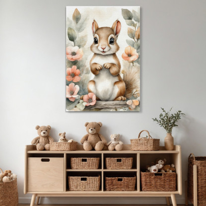 Quadro Per Bimba Decorazione Nursery Tenero Scoiattolo Con Cornice Floreale bana22 quadro stampato su tela