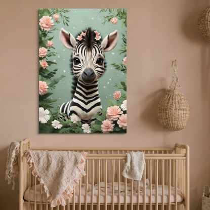 Quadro Per Cameretta Del Neonato Zebra Giocosa In Una Fantasia Floreale bana25 quadro stampato su tela