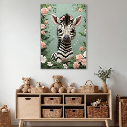 Quadro Per Cameretta Del Neonato Zebra Giocosa In Una Fantasia Floreale bana25 quadro stampato su tela