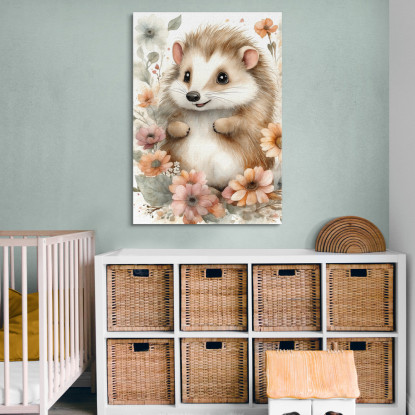 Quadro Decorativo Per Nursery E Cameretta Riccio Carino Circondato Da Fiori bana28 quadro stampato su tela