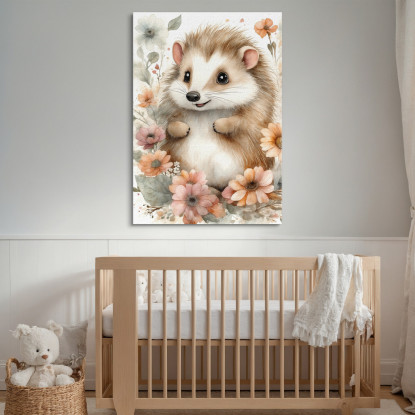 Quadro Decorativo Per Nursery E Cameretta Riccio Carino Circondato Da Fiori bana28 quadro stampato su tela