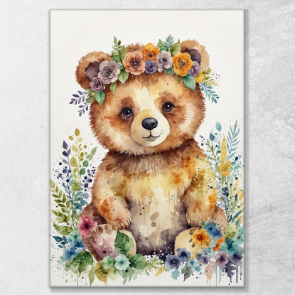 Quadro Per Nursery Decorazione Cameretta Orsetto Felice Tra I Fiori bana29 quadro stampato su tela