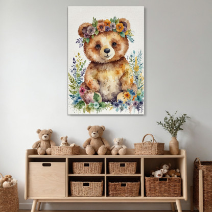 Quadro Per Nursery Decorazione Cameretta Orsetto Felice Tra I Fiori bana29 quadro stampato su tela