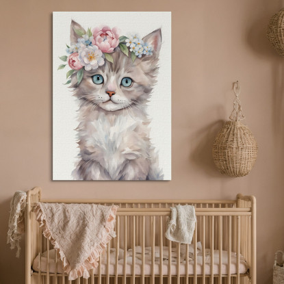 Quadro Per Cameretta Neonato Decorazione Gatto Con Occhi Azzurri E Corona Floreale bana32 quadro stampato su tela