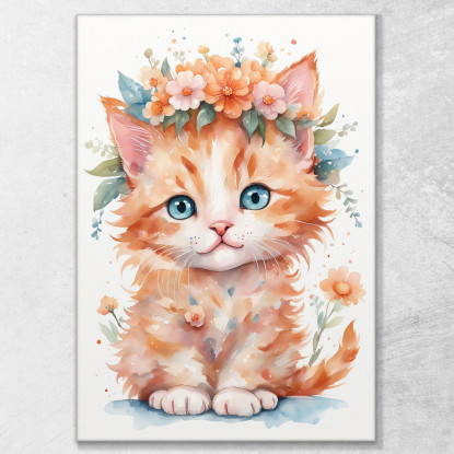 Quadro Per Bambino Decorazione Cameretta Gattino Arancione Con Ghirlanda Di Fiori bana33 quadro stampato su tela