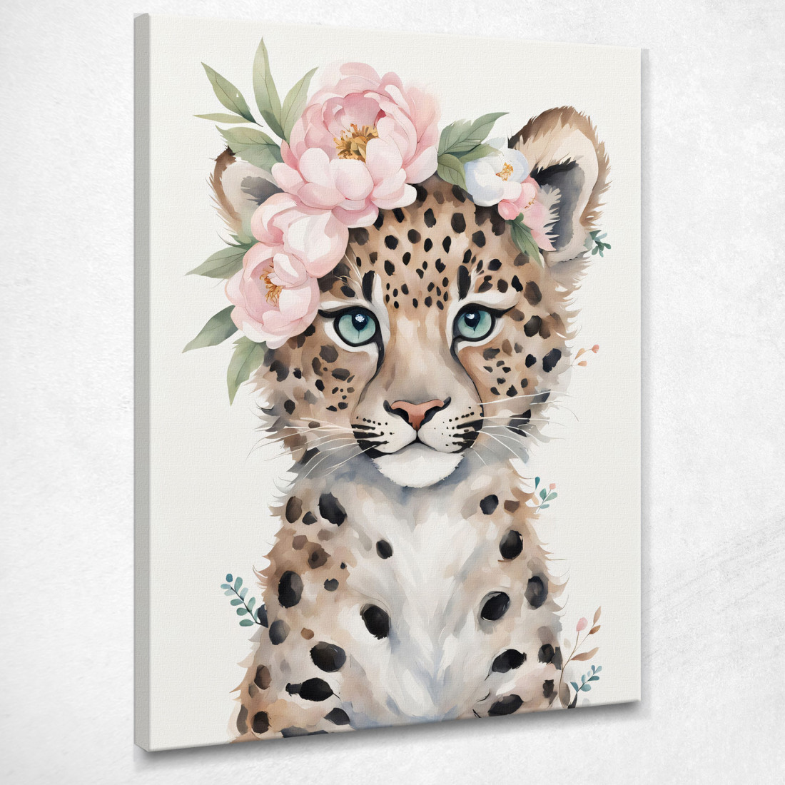 Quadro Per Cameretta Bimbo Piccolo Leopardo Carino Con Fiori Pastello bana35 quadro stampato su tela