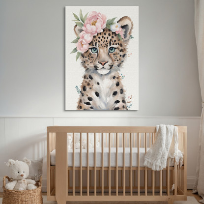 Quadro Per Cameretta Bimbo Piccolo Leopardo Carino Con Fiori Pastello bana35 quadro stampato su tela