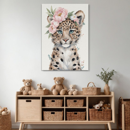 Quadro Per Cameretta Bimbo Piccolo Leopardo Carino Con Fiori Pastello bana35 quadro stampato su tela