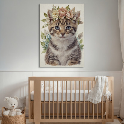 Decorazione Per Cameretta Quadro Per Bimbo Gatto Tigrato Con Decorazione Floreale bana37 quadro stampato su tela