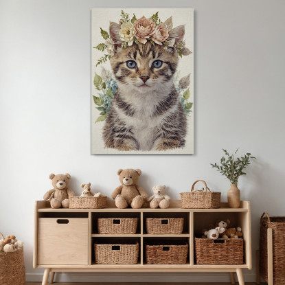 Decorazione Per Cameretta Quadro Per Bimbo Gatto Tigrato Con Decorazione Floreale bana37 quadro stampato su tela