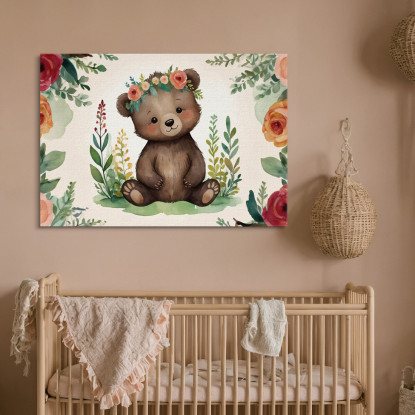 Quadro Per Nursery Decorazione Bimba Tenero Orsetto Con Fiori Colorati bana39 quadro stampato su tela