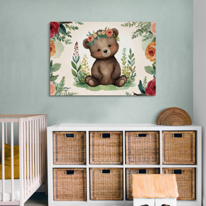 Quadro Per Nursery Decorazione Bimba Tenero Orsetto Con Fiori Colorati bana39 quadro stampato su tela