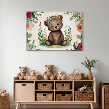 Quadro Per Nursery Decorazione Bimba Tenero Orsetto Con Fiori Colorati bana39 quadro stampato su tela