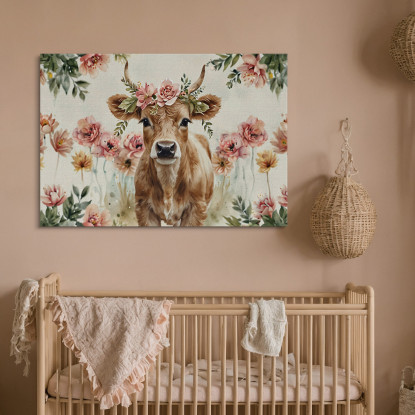 Quadro Decorativo Per Cameretta Bimbo Vitello Mucca Con Ghirlanda Di Fiori Rosa bana40 quadro stampato su tela