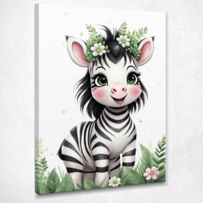 Quadro Per Cameretta Neonato Decorazione Zebra Simpatica Con Corona Floreale banb4 quadro stampato su tela