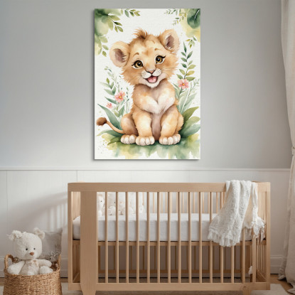 Quadro Per Cameretta Bambino Cucciolo Di Leone Sorridente Con Piante banb6 quadro stampato su tela