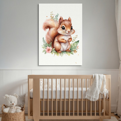 Quadro Per Cameretta Neonato Cucciolo Di Scoiattolo Con Decorazione Floreale banb11 quadro stampato su tela