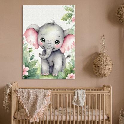 Quadro Per Nursery Decorazione Per Bambino Elefantino Con Orecchie Rosa E Fiori banb12 quadro stampato su tela