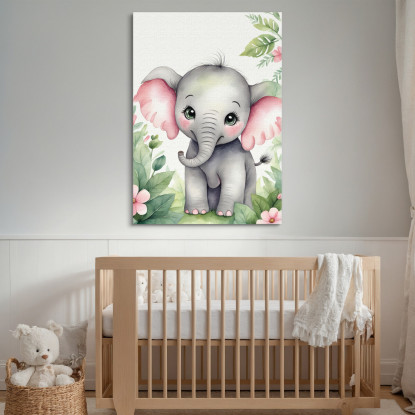 Quadro Per Nursery Decorazione Per Bambino Elefantino Con Orecchie Rosa E Fiori banb12 quadro stampato su tela