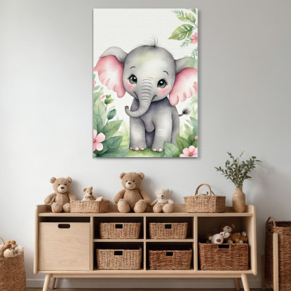 Quadro Per Nursery Decorazione Per Bambino Elefantino Con Orecchie Rosa E Fiori banb12 quadro stampato su tela