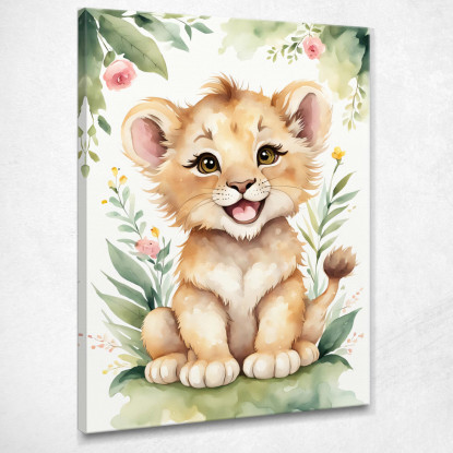 Quadro Decorativo Per Cameretta Bimbo Leone Sorridente Con Fiori E Foglie banb14 quadro stampato su tela