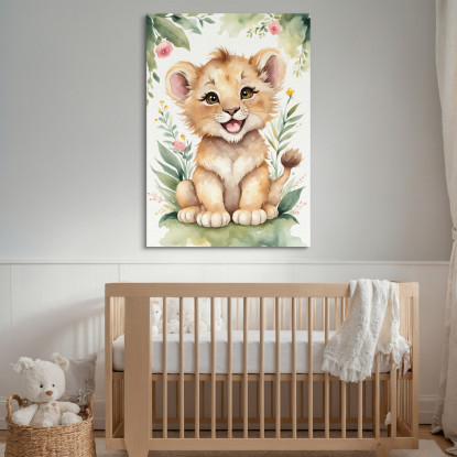 Quadro Decorativo Per Cameretta Bimbo Leone Sorridente Con Fiori E Foglie banb14 quadro stampato su tela