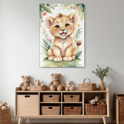 Quadro Decorativo Per Cameretta Bimbo Leone Sorridente Con Fiori E Foglie banb14 quadro stampato su tela