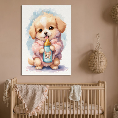 Quadro Decorativo Per Cameretta Bimba Cane Bambino Cucciolo Con Biberon banb15 quadro stampato su tela