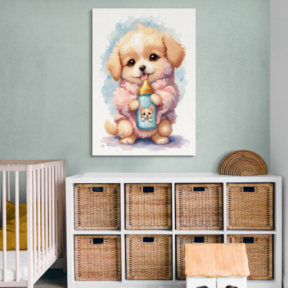 Quadro Decorativo Per Cameretta Bimba Cane Bambino Cucciolo Con Biberon banb15 quadro stampato su tela