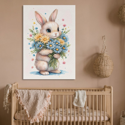 Quadro Per Nursery Decorazione Per Cameretta Coniglietto Con Margherite E Fiori Colorati banb20 quadro stampato su tela