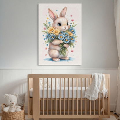 Quadro Per Nursery Decorazione Per Cameretta Coniglietto Con Margherite E Fiori Colorati banb20 quadro stampato su tela