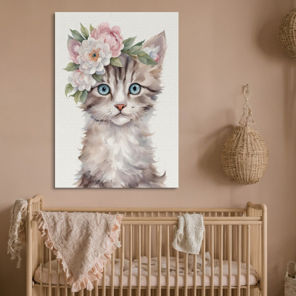 Quadro Per Bimbo Decorazione Nursery Gatto Cucciolo Con Fiori Primaverili banb21 quadro stampato su tela