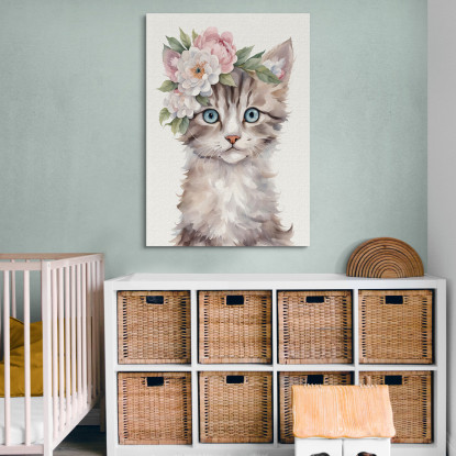 Quadro Per Bimbo Decorazione Nursery Gatto Cucciolo Con Fiori Primaverili banb21 quadro stampato su tela