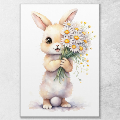 Quadro Per Bimba Decorazione Nursery Cucciolo Di Coniglio Con Fiori Bianchi E Gialli banb22 quadro stampato su tela