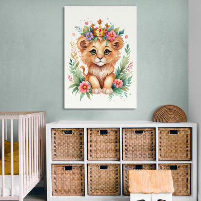 Quadro Per Nursery Decorazione Bimba Leone Cucciolo Con Coroncina Colorata banb26 quadro stampato su tela